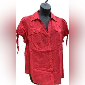 NWT Karen Scott Red Cotton Blouse Button Up Top V-neck Short Sleeve Shirt